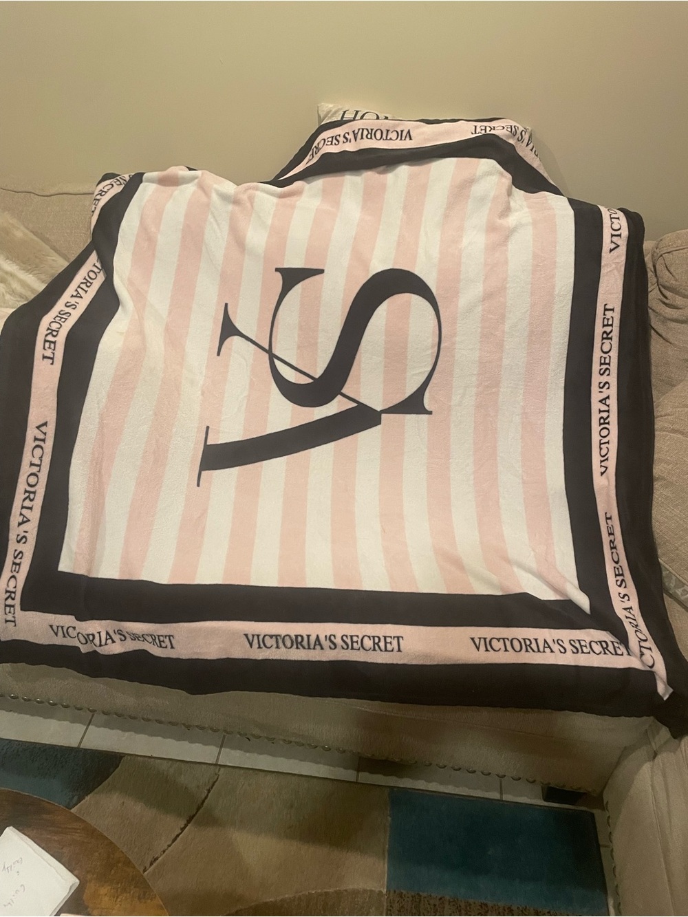 Victoria's Secret Pink & Black Striped Plush Throw with VS Monogram